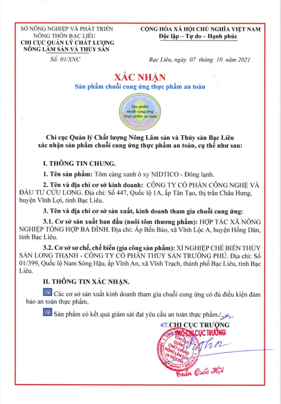 Tôm càng xanh - chứng nhận an toàn - Hợp Tác Xã Nông Nghiệp Tổng Hợp Ba Đình